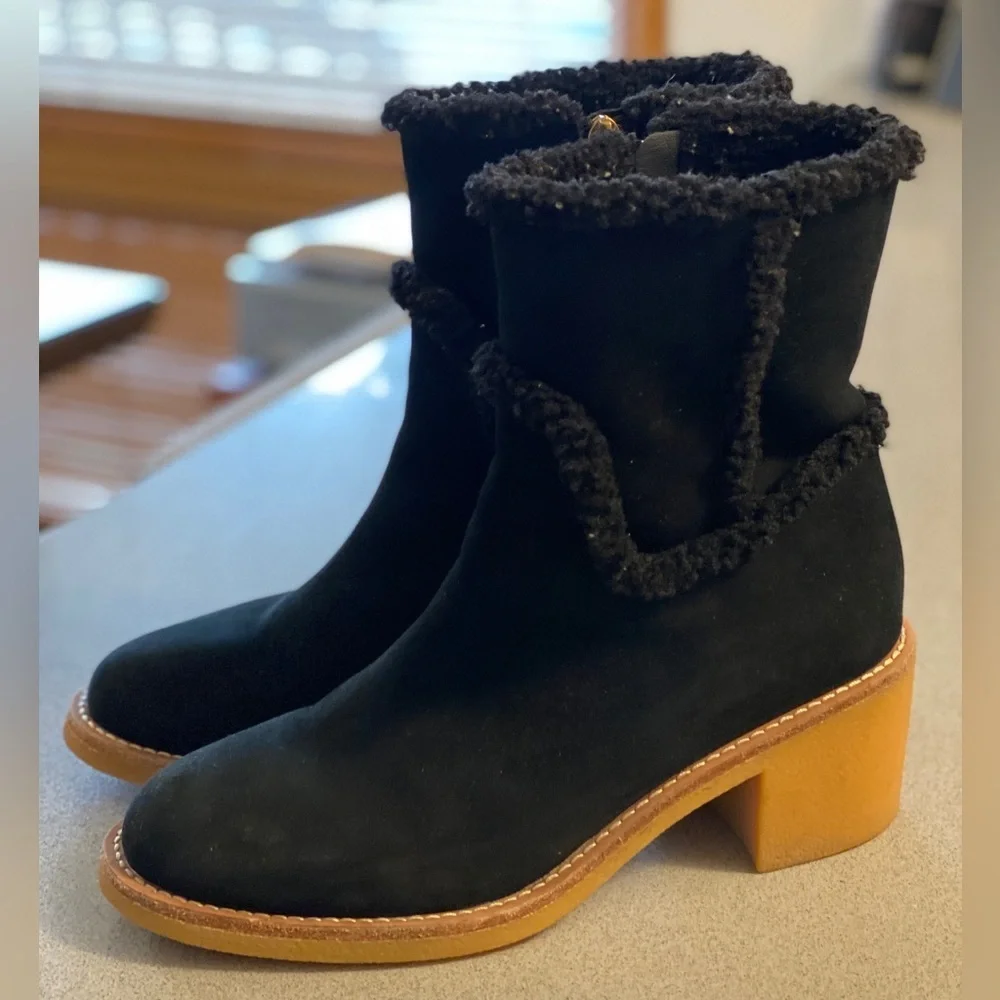 J. Crew Black Suede Shearling-Trim Block Heel Ankle Boots